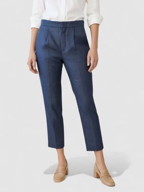 Chloé Linen Blend Cropped Trousers Blue Pleated Tailored Fit Size 2 FR 34